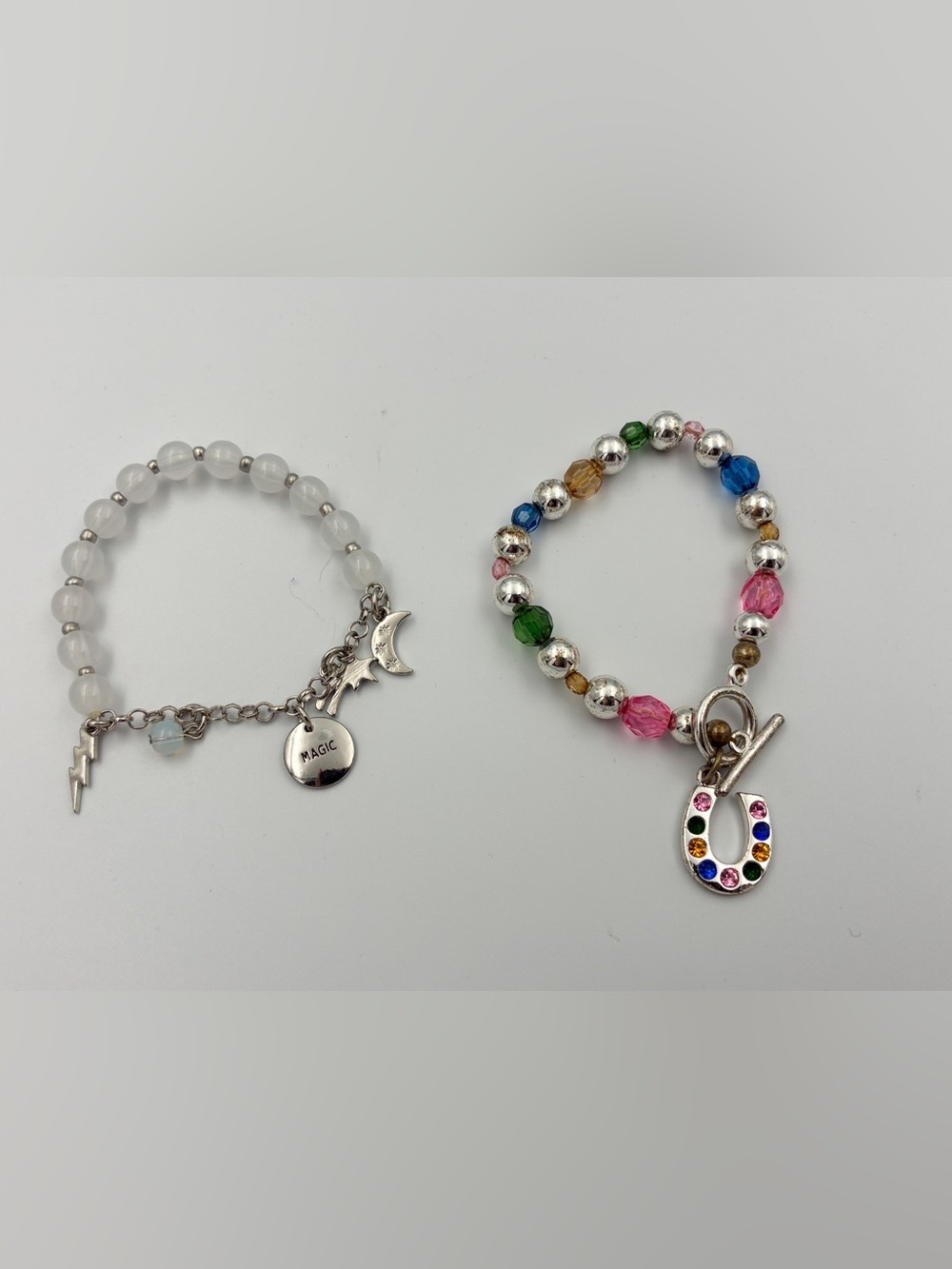 Set Of 2 Charm Bracelets Glass Beads And Silver Tone Charms